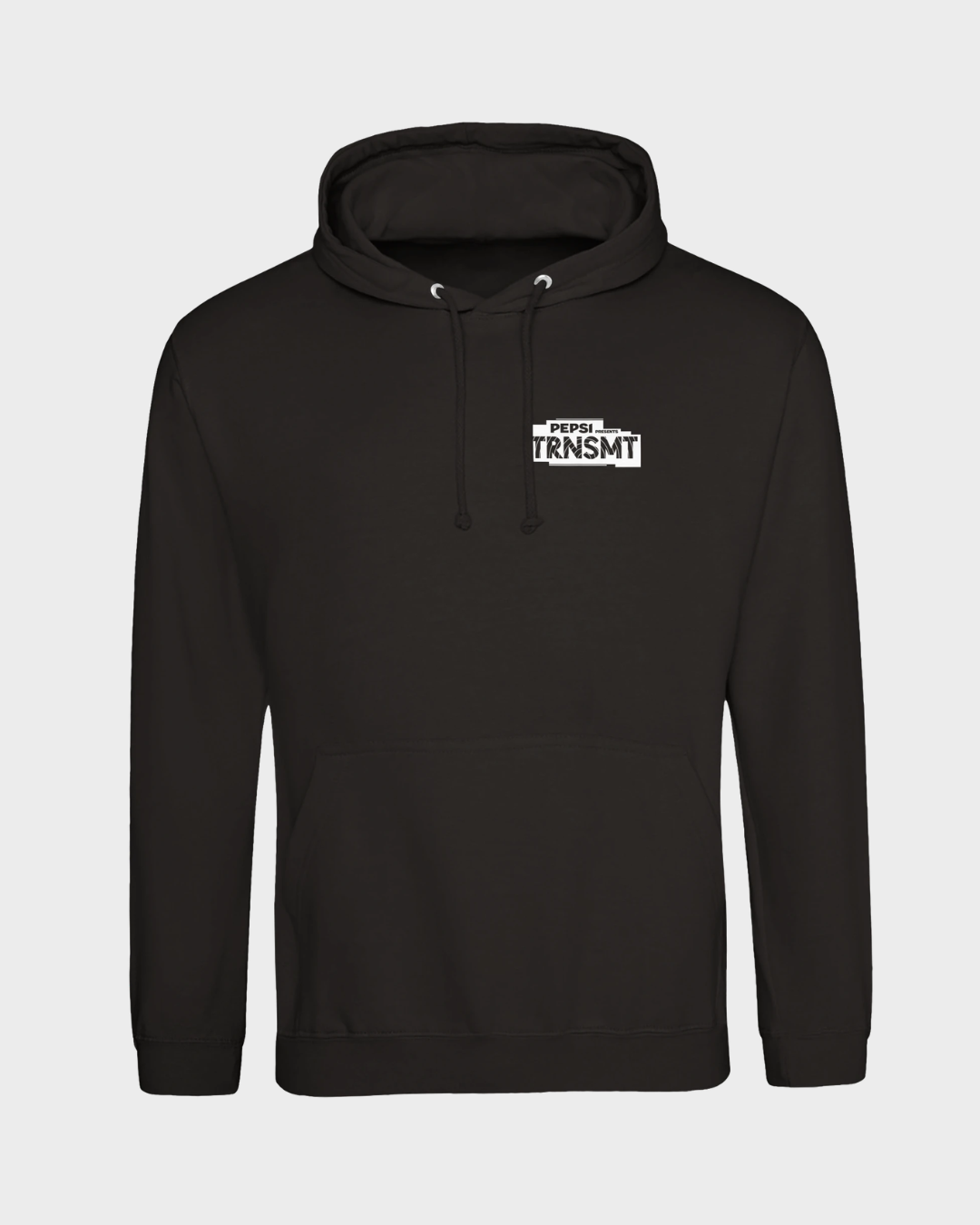 The 2026 Line-Up Black Hoodie by TRNSMT Festival is a unisex ringspun cotton hoodie with a front pocket, drawstrings, and a white PEPSI TRNSMT logo on the left chest.