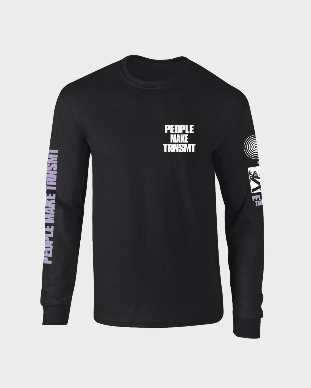 The PPL MAKE TRNSMT Long Sleeve by 2025 features PEOPLE MAKE TRNSMT in white on the chest, repeated in purple on the left sleeve, plus white graphics on the upper right sleeve. Black, long-sleeve design.