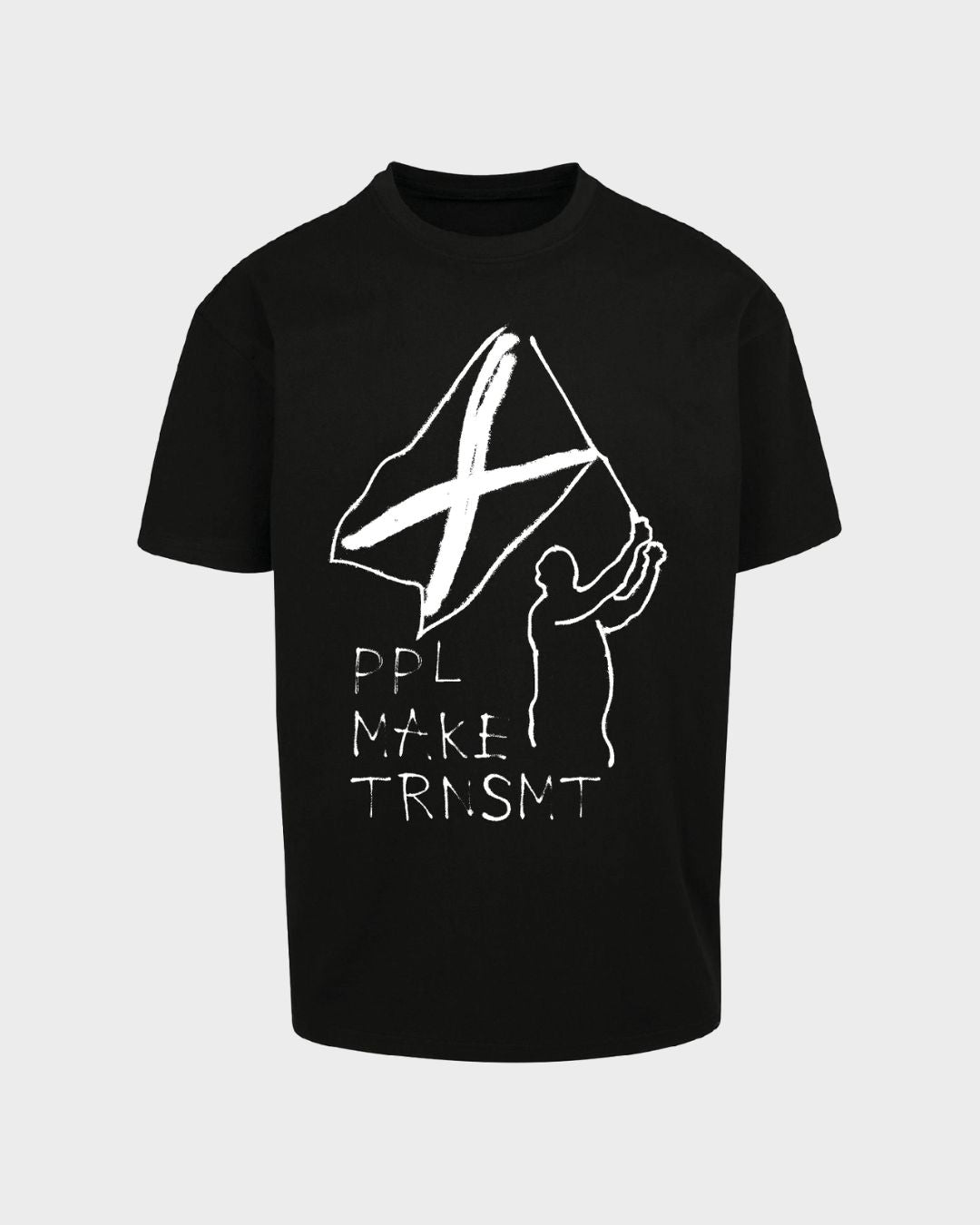 The 2025 PPL MAKE TRNSMT T-Shirt is a black tee with a hand-drawn white graphic of a person holding an X-flag and “PPL MAKE TRNSMT” text below.