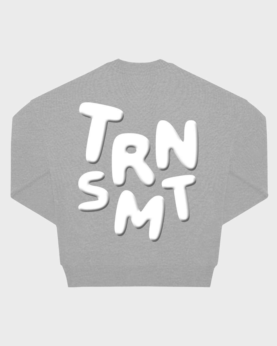 The 2025 Bubble Print Sweater is a gray sweatshirt featuring large white bubble-style letters spelling TRNSMT on the back.