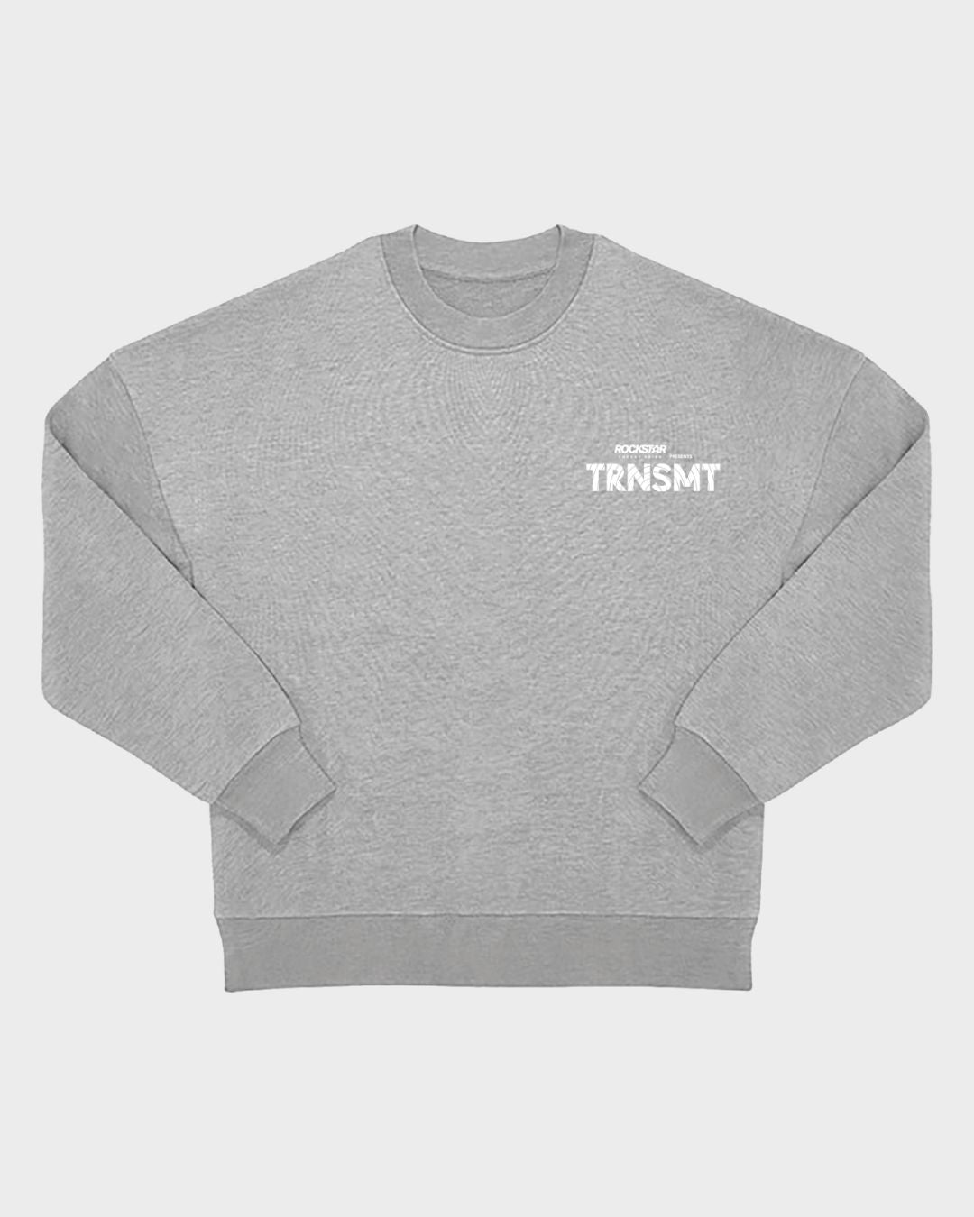 The 2025 Bubble Print Sweater is a light gray crewneck with ribbed cuffs and hem, featuring “ROCKSTAR TRNSMT” in white print on the upper left chest.
