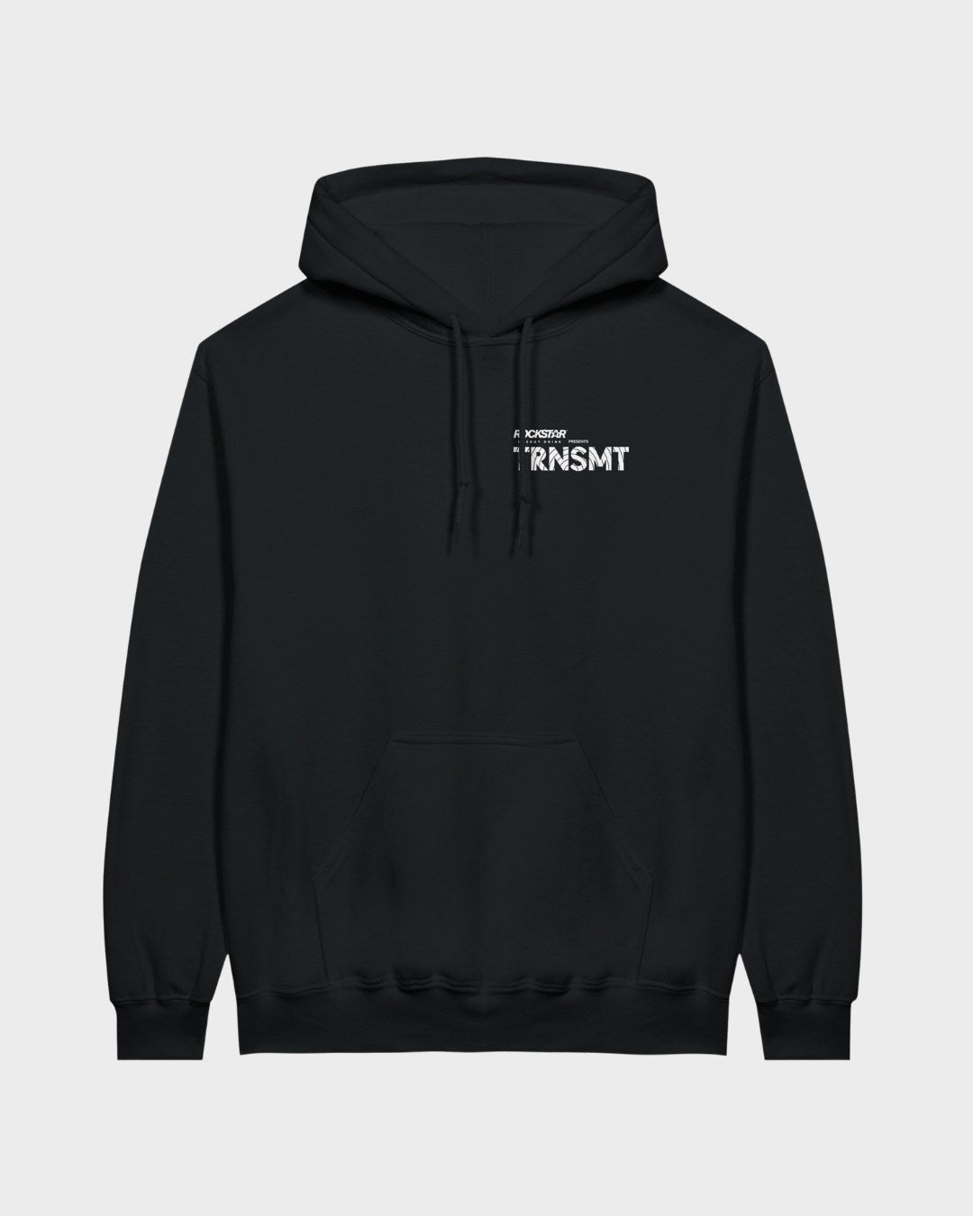 The 2024 Line Up Black Pullover Hoodie by TRNSMT Festival features white “SOMETHING TRANSMT” text on the left chest, a front pouch pocket, and is crafted from preshrunk fleece. This made-to-order hoodie is shown against a light gray background.
