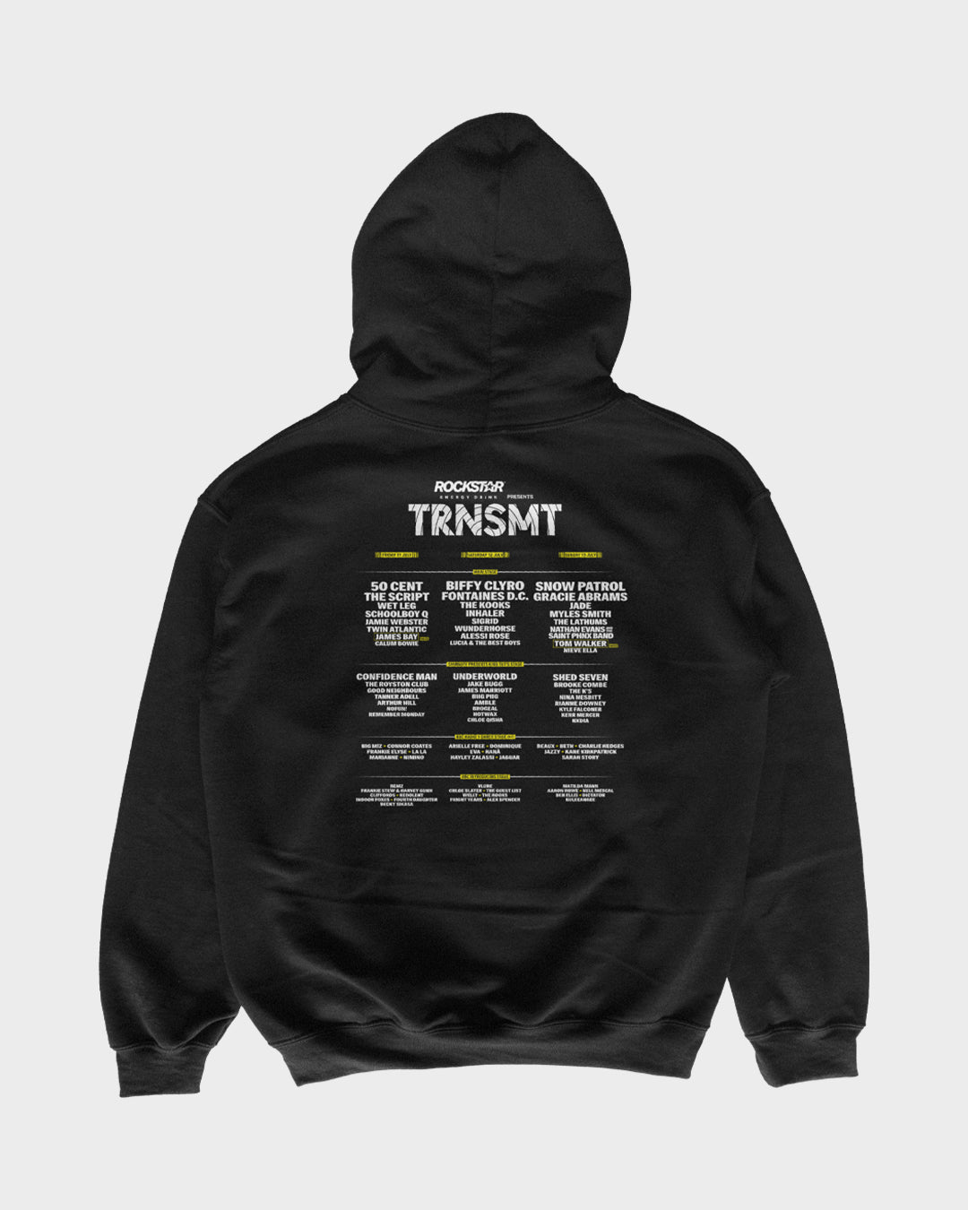 TRNSMT Festival’s TRNSMT 2025 Line-Up Hoodie is a black unisex ringspun cotton hoodie with ROCKSTAR PRESENTS TRNSMT and the 2025 artist lineup in white and yellow on the back, styled like a concert poster. Shown on a plain background.