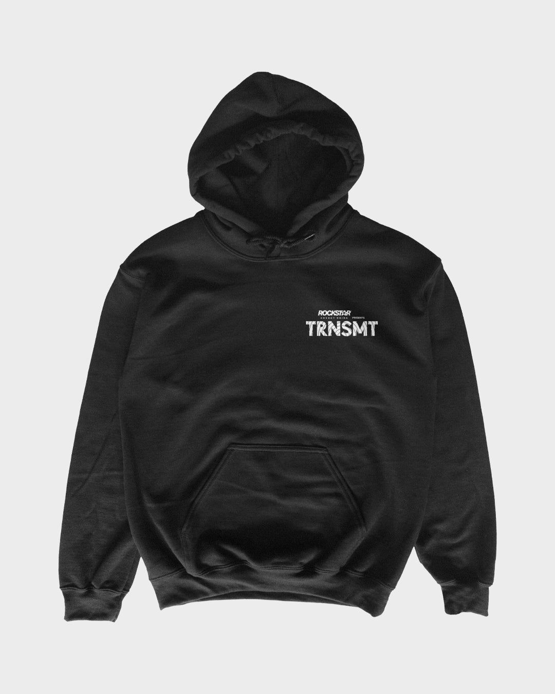 The TRNSMT 2025 Line-Up Hoodie by TRNSMT Festival is a black, unisex ringspun cotton hoodie with a hood and front pocket, featuring ROCKSTAR ENERGY TRNSMT in white text on the upper left chest.