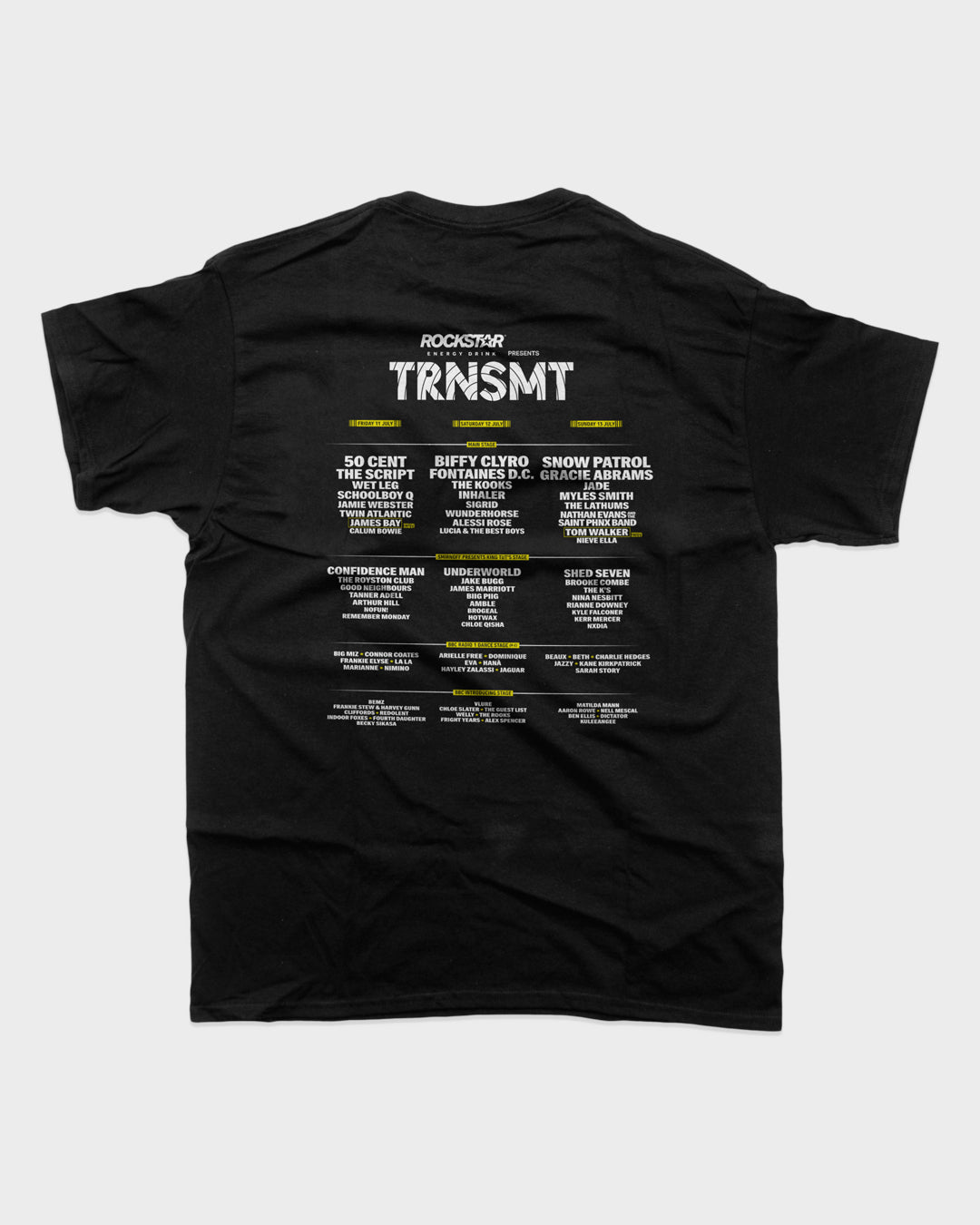 The TRNSMT Festival 2025 Line-Up T-Shirt features the lineup printed in white and yellow on the back. Made from soft Airlume cotton, this black unisex tee spotlights headliners such as 50 Cent, Biffy Clyro, and Snow Patrol.