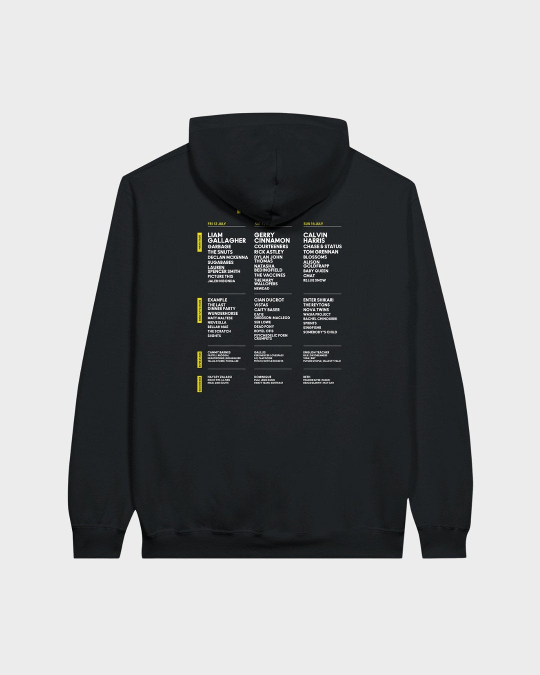 The TRNSMT Festival 2024 Line Up Black Pullover Hoodie features a tour schedule-style city and date list in white and yellow on the back. Made to order from comfy preshrunk fleece, its shown laid flat on a light gray background.