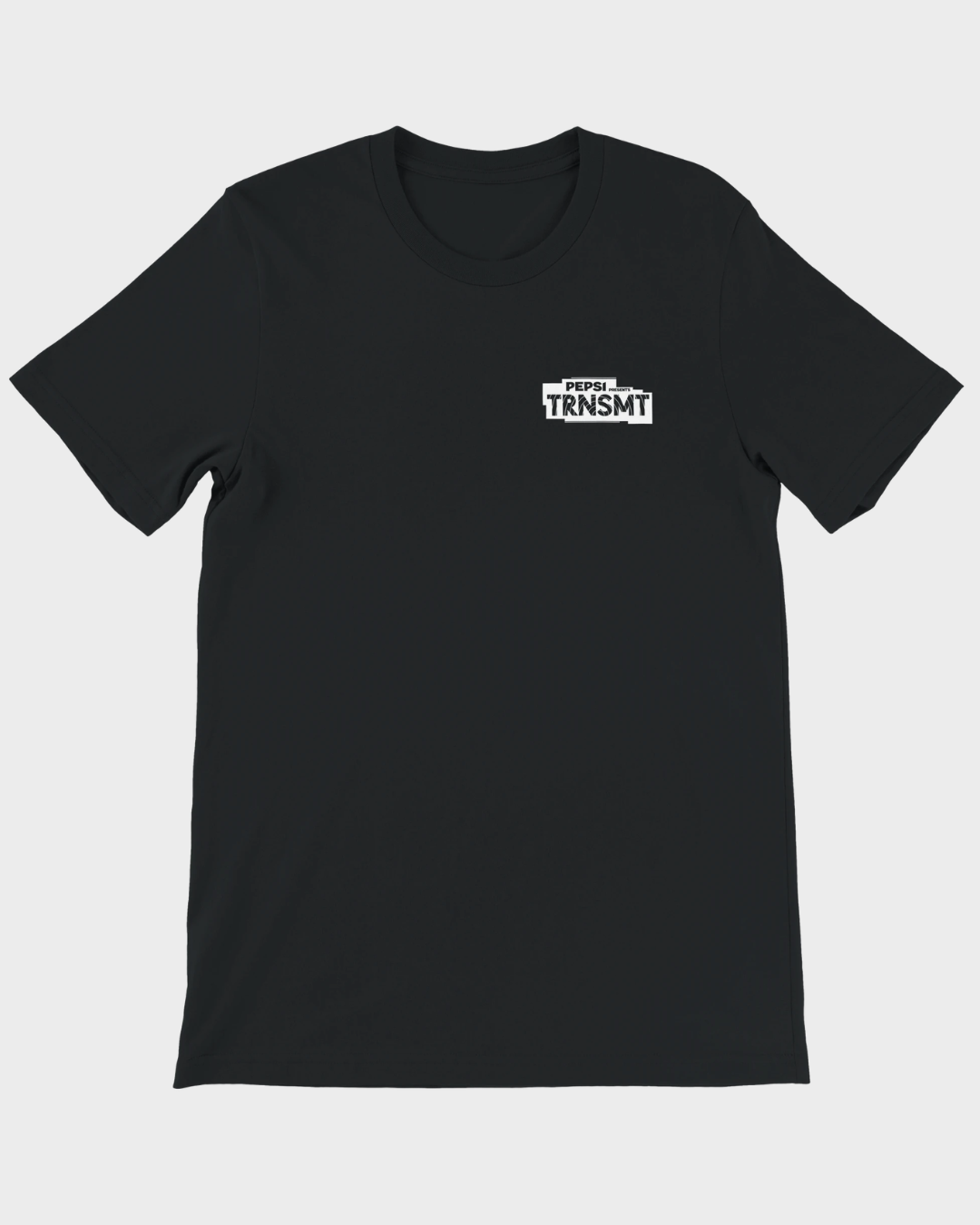 The 2026 Line-Up Black T-Shirt by TRNSMT Festival is a heavyweight cotton, short-sleeve classic fit tee with a small white logo on the left chest, shown laid flat on a light gray background.