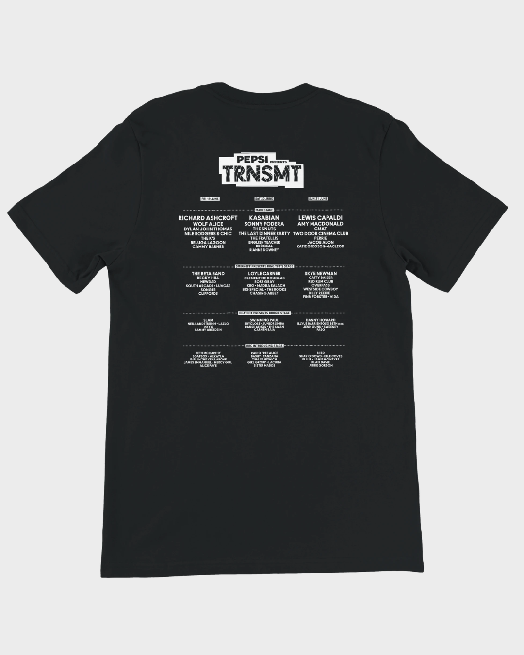 The TRNSMT Festival 2026 Line-Up Black T-Shirt features the festival logo on the front and organized white text on the back listing artist names and set times—a classic, durable staple for any music fan.