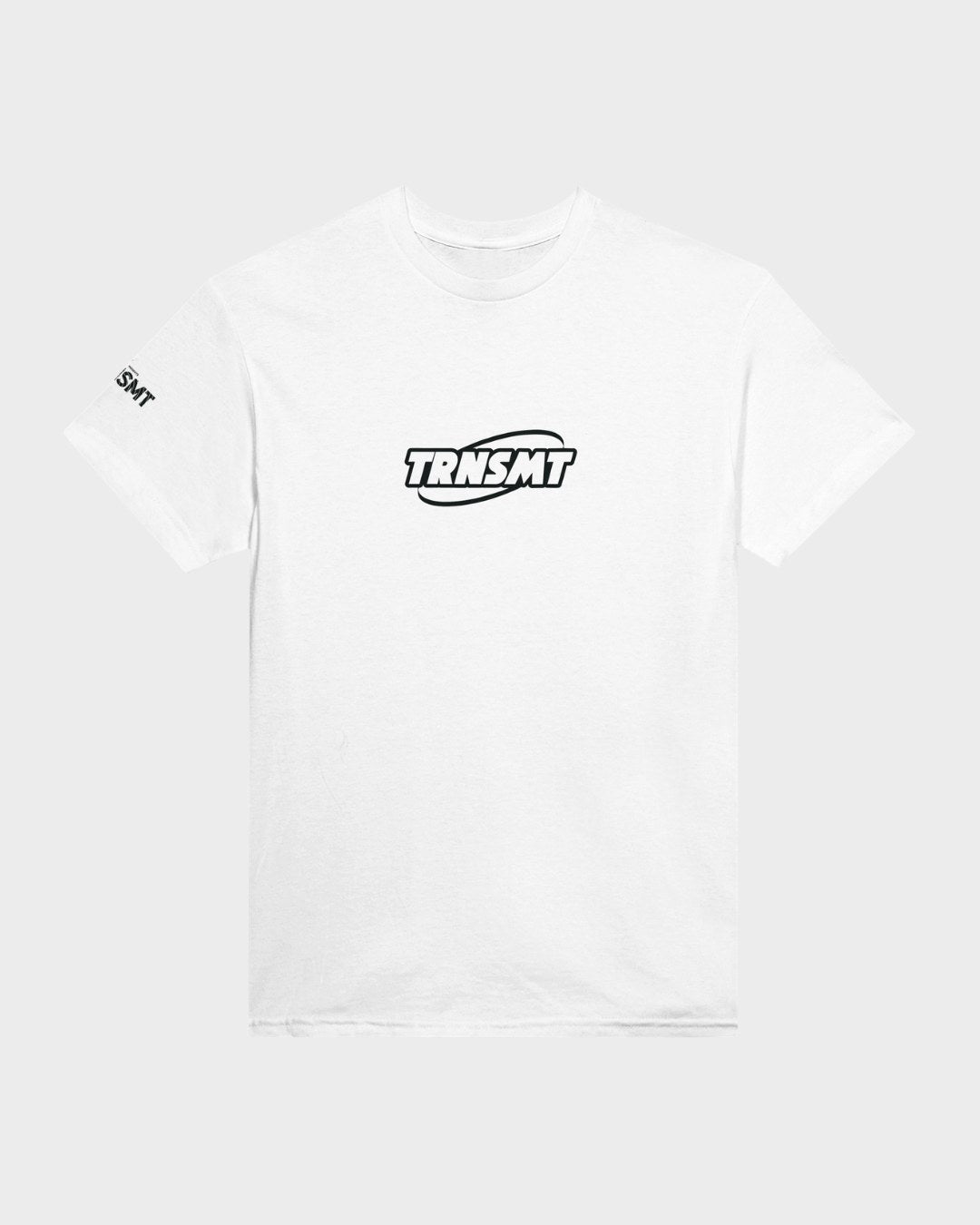 The TRNSMT Festival 2024 Line Up White T-Shirt is a classic fit, heavyweight cotton tee featuring a bold black TRNSMT logo on the chest and a smaller sleeve logo—a durable wardrobe staple.