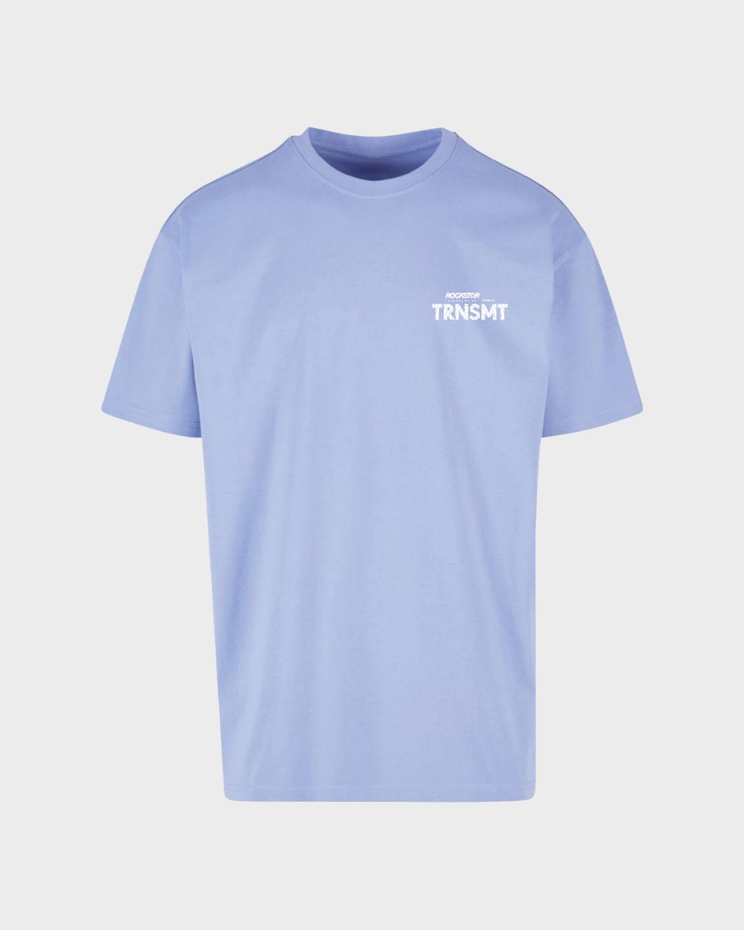 The HWFG Blue T-Shirt by 2025 features TRNSMT with smaller text above it in white on the left chest. It has short sleeves, a light blue color, and is shown against a plain white background.