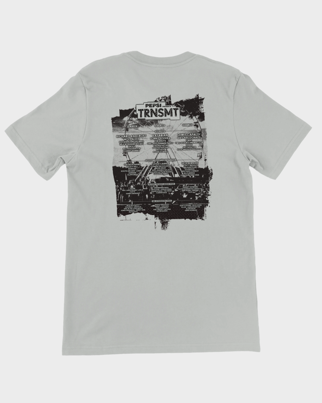 The TRNSMT Festival 2026 Line-Up Grey T-Shirt is a heavyweight cotton tee featuring a black graphic on the back with "Pepsi Presents TRNSMT" and a stylized festival line-up or map design.