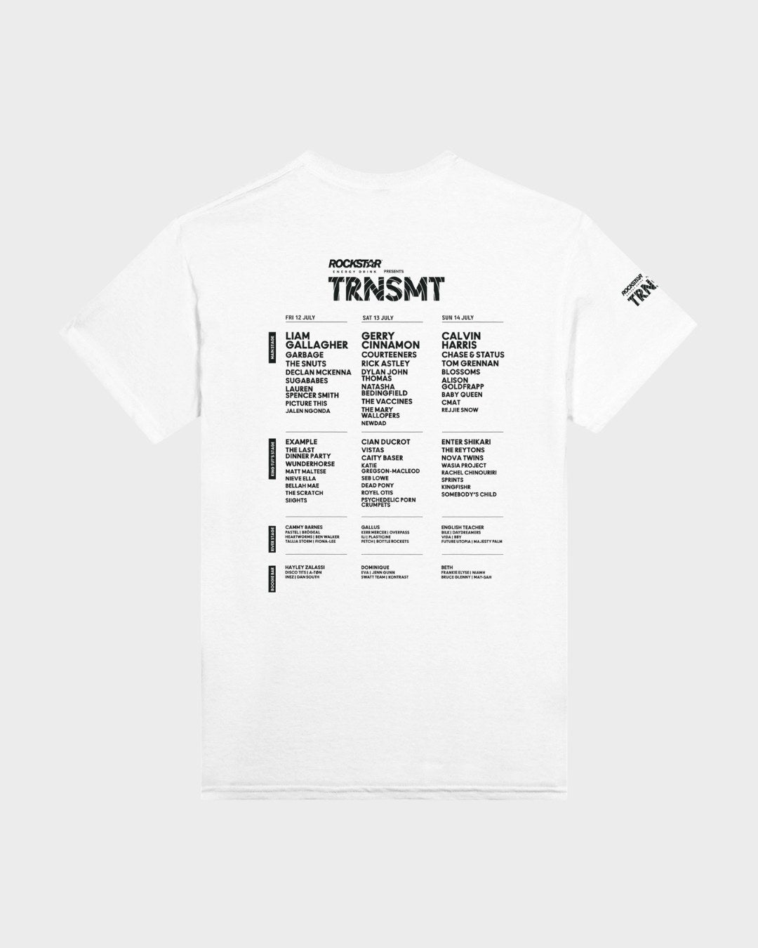 The TRNSMT Festival 2024 Line Up White T-Shirt is a classic fit, heavyweight cotton tee featuring the festival lineup, artists, dates, and stage names in bold black text under a large “TRNSMT” on the back.