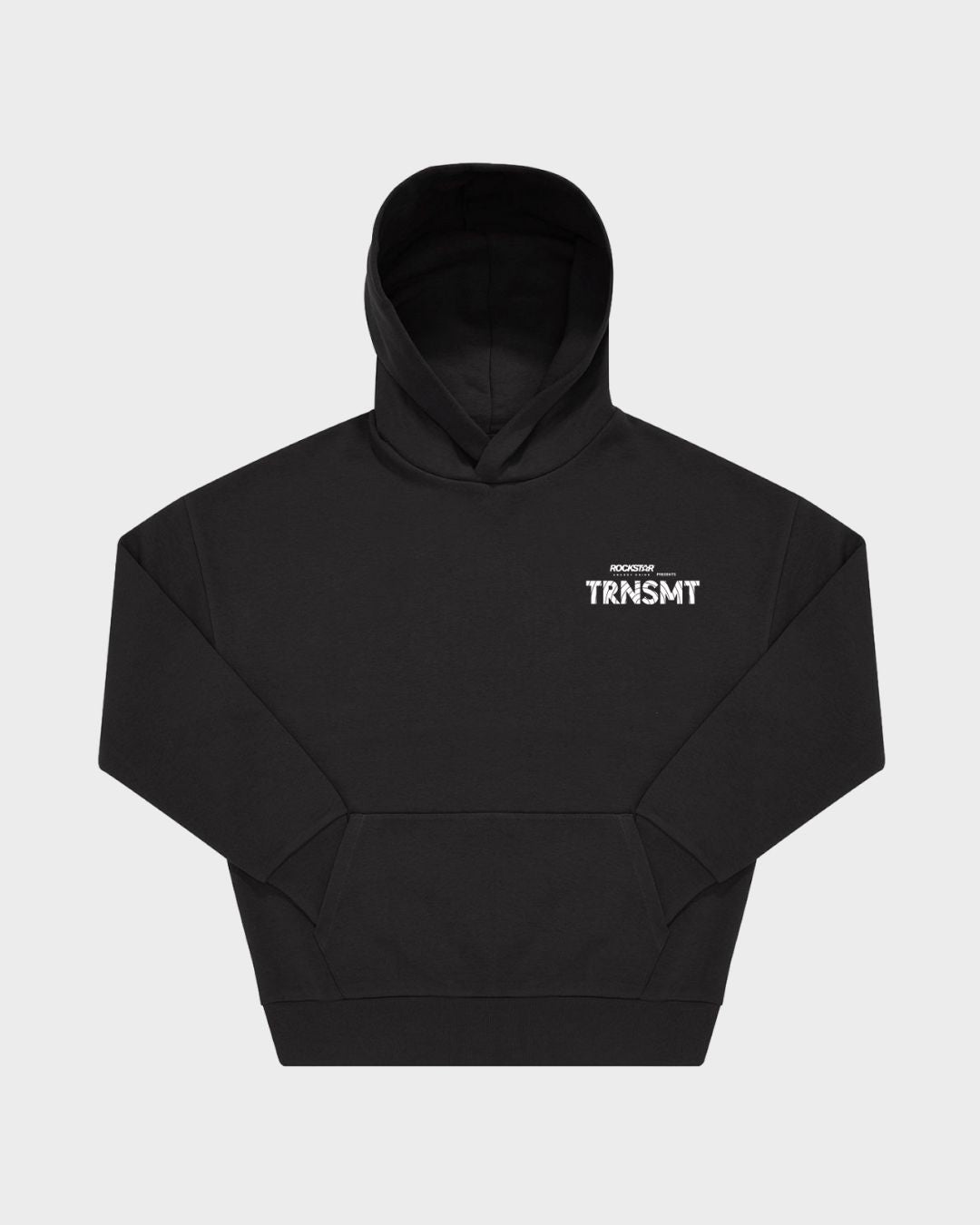 The TRNSMT 2025 Line-Up Hoodie by 2025 is a black sweatshirt featuring white TRNSMT and smaller text above it on the upper left chest, displayed flat on a light grey background.