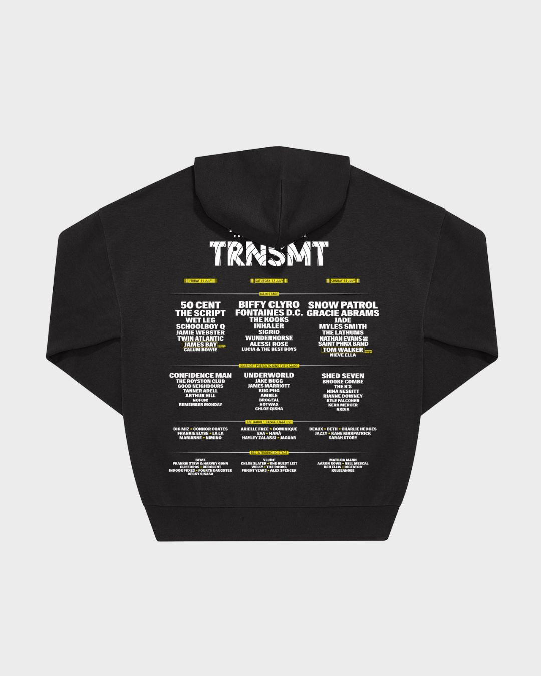 The TRNSMT 2025 Line-Up Hoodie by 2025 is a black hoodie featuring the festival lineup on the back in white and yellow, showcasing headliners like 50 Cent, Biffy Clyro, Snow Patrol, and other artists.
