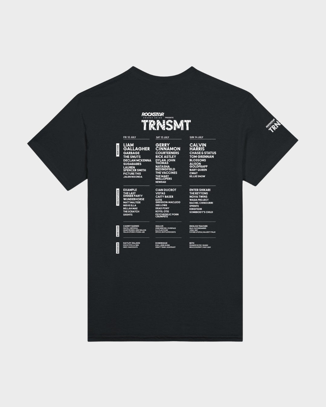 The TRNSMT Festival 2024 Line Up Black T-Shirt is made from heavyweight cotton for lasting wear. Its back features white text listing the events lineup, artists, and dates. The front and sleeves are not shown.