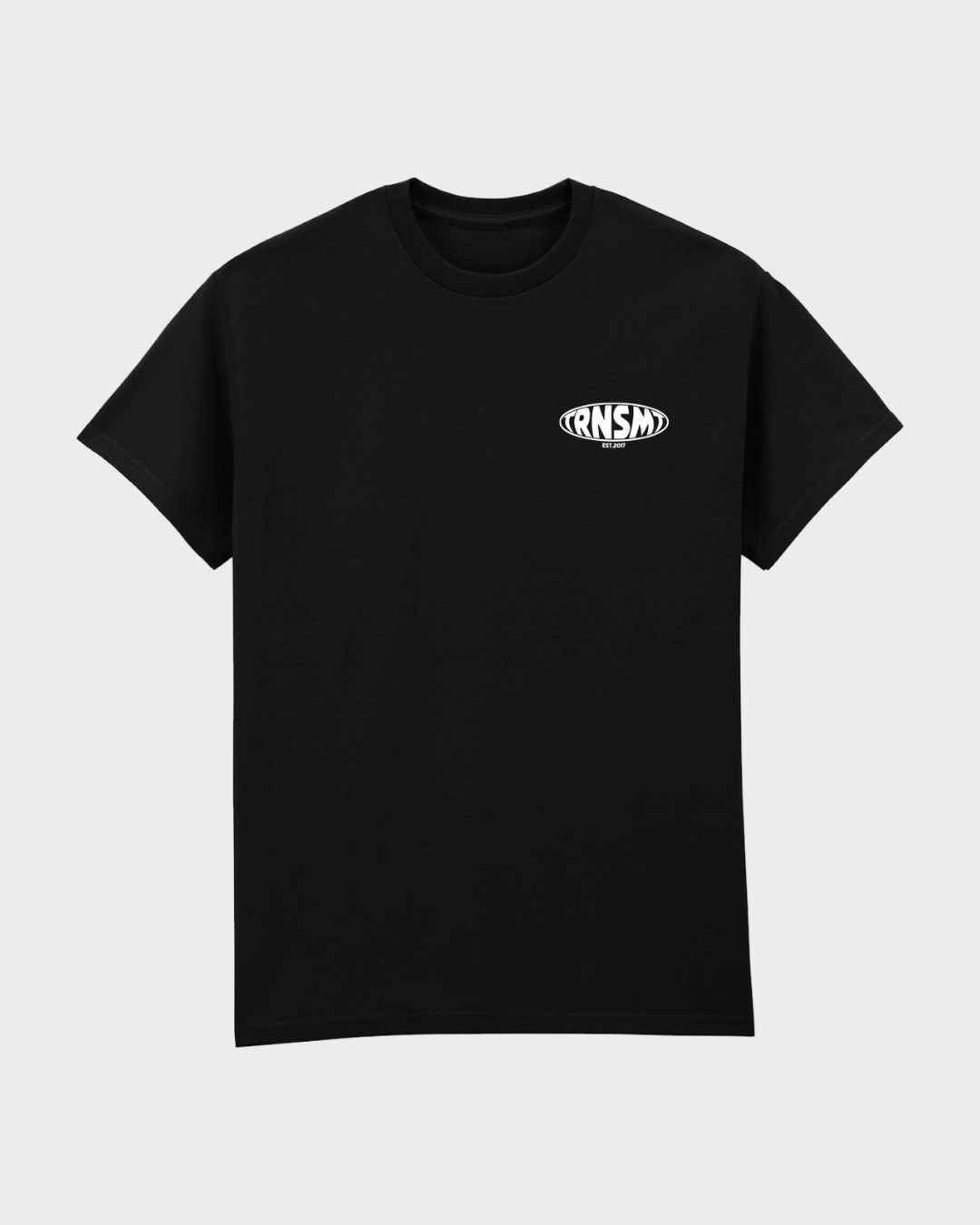 The TRNSMT 2025 Line-Up T-Shirt by 2025 is a black short-sleeve tee with a small white oval RNSM logo on the left chest, shown against a plain light background.